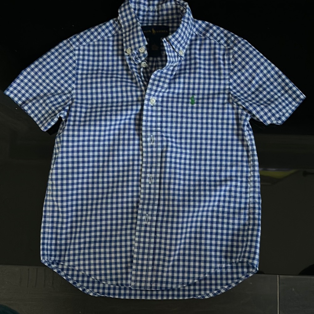 Ralph Lauren, boy’s size 5 button down short sleeve. Blue and white gingham